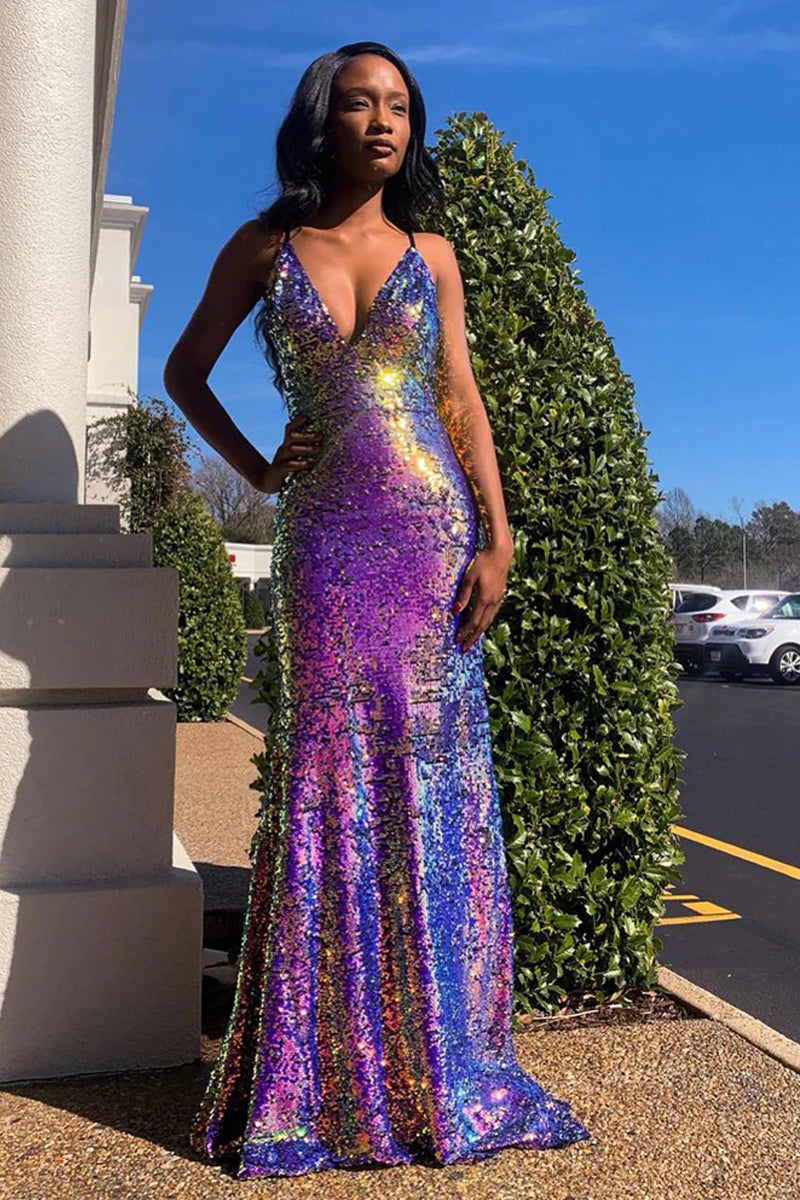 Sparkly Laser Purple Sequins Prom Dresses Open Back for 2022 VK22022104