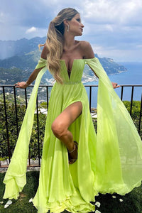 A Line V Neck Fluorescent Green Chiffon Prom Dresses with Slit VK051201