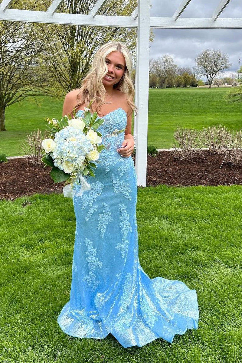 Cute Mermaid Sweetheart Light Blue Sequins Long Prom Dresses with Appliques VK23051908