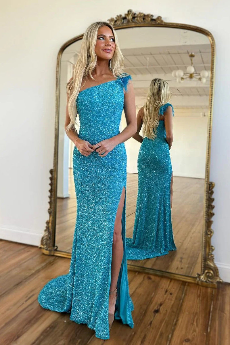 Sparkly Mermaid One Shoulder Blue Sequins Long Prom Dresses VK23050510