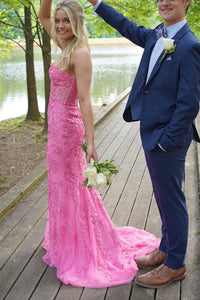 Cute Mermaid Sweetheart Pink Lace Long Prom Dresses with Beading VK23051806