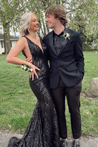 Sexy Mermaid Deep V Neck Black Sequins Long Prom Dresses VK23050807