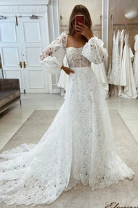 Unique A Line Square Neck Lace Wedding Dresses VK082504