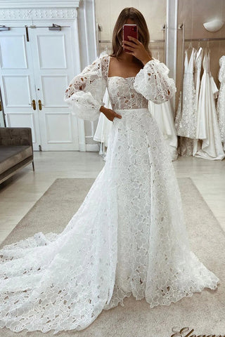 Unique A Line Square Neck Lace Wedding Dresses VK082504