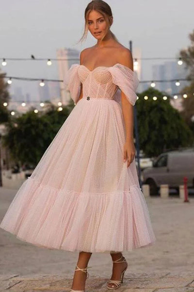 A Line Sweetheart White Tulle Tea Length Dresses with Removable Off the Shoulder Sleeves VKCD05