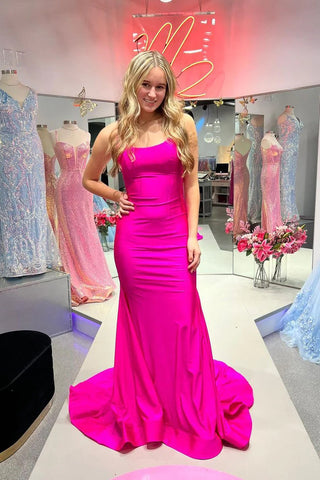 Charming Mermaid Scoop Neck Hot Pink Satin Long Prom Dresses VK121202