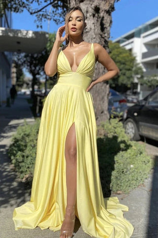 Sexy V Neck Backless Yellow Long Prom Dresses with Split, Backless Yellow Formal Dresses, Yellow Graduation Evening Dresses VK0508005