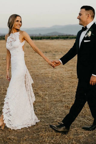 Mermaid Split Open Back Lace Sweep Train Wedding Dress VK0112002