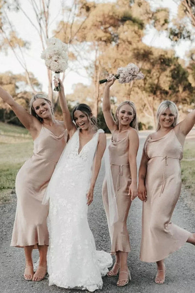 Sheath Cowl Neck Champagne Silk Satin Bridesmaid Dresses VK220121605