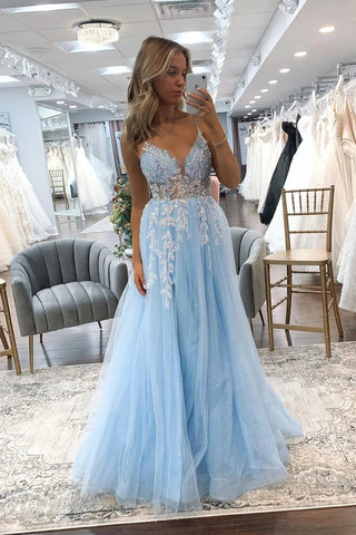Cute A Line V Neck Light Blue Tulle Prom Dresses with Beading Appliques VK23010804
