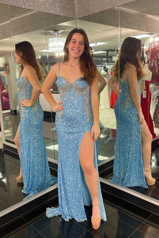 Blue Sweetheart Sequins Mermaid Long Prom Dresses with Slit VK23122905