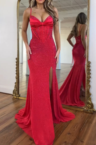 Mermaid Spaghetti Straps Red Corset Beads Long Prom Dresses with Slit VK26020101