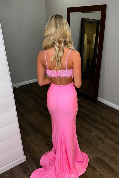 Two Piece V Neck Pink Sequins Long Prom Dress VK25030703