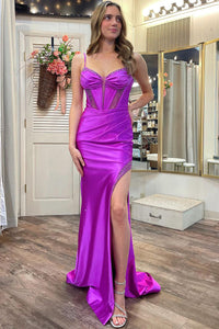 Purple Sweetheart Satin Mermaid Long Prom Dresses with Slit VK23121610