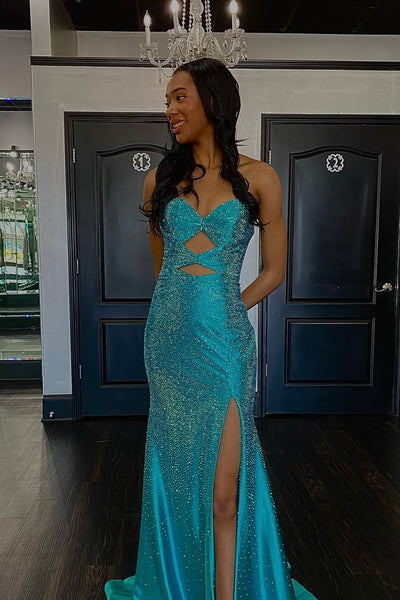 Charming Mermaid Sweetheart Keyhole Aqua Hot Fix Satin Prom Dress VK16020305
