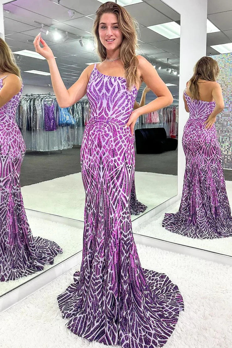 Purple One Shoulder Sequins Mermaid Long Prom Dresses VK24013101