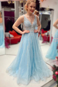 A-Line V Neck Light Blue Sparkly Long Prom Dresses VK23091003