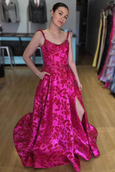 A Line V Neck Straps Fuchsia Red Jacquard Satin Prom Dress with Slit VK030504