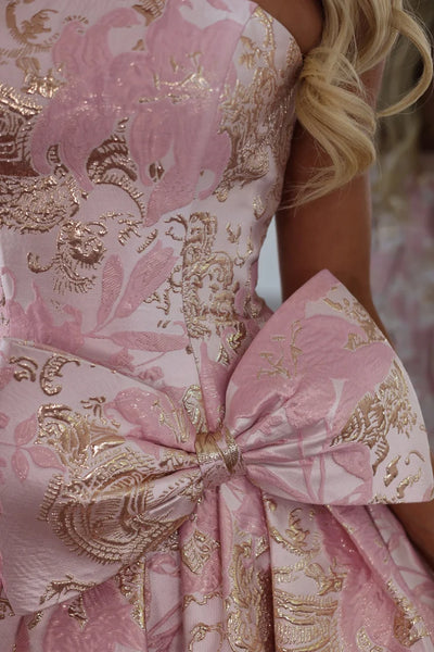 A Line Strapless Pink Jacqaurd Satin Homecoming Dresses with Bow VK26090201