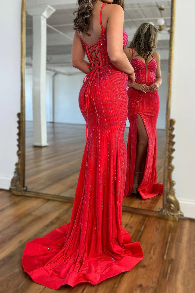 Sparkly Red Beaded Corset Long Prom Dress with Slit VK23122006 – Vickidress