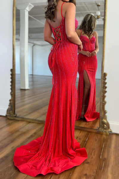 Sparkly Red Beaded Corset Long Prom Dress with Slit VK23122006