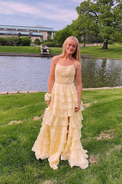 Cute A Line Yellow Chiffon Tiered Long Prom Dress with Slit VK25061903