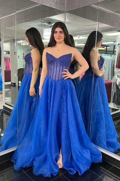 Royal Blue Strapless Organza Long Prom Dresses with Beading VK24022704