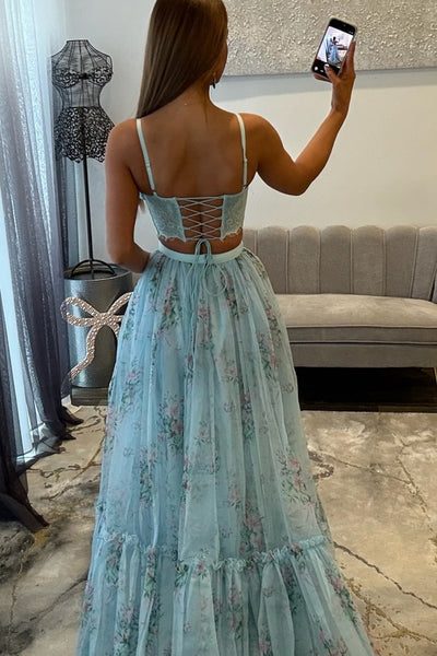 Chic Two Piece Sweetheart Floral Print Tulle Prom Dress VK26021004