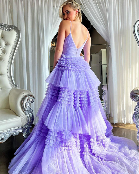 Cute Ball Gown V Neck Lavender Tulle Prom Dresses with Slit VK23051506