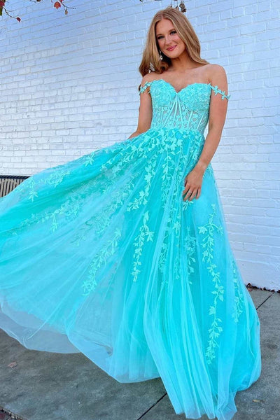Aqua Floral Lace Sweetheart A-Line Prom Dress VK23092603