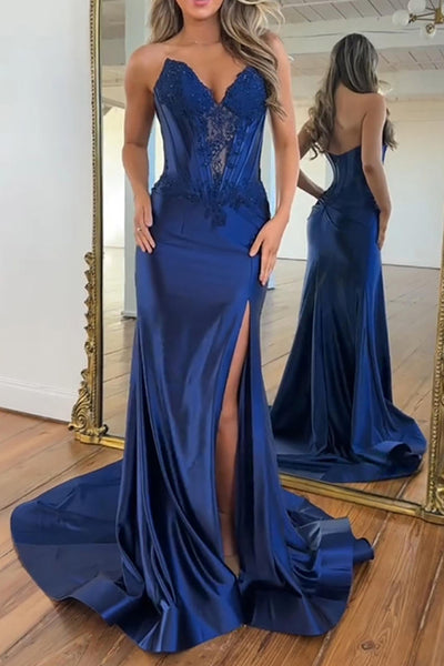 Mermaid Strapless Navy Blue Corset Satin Long Prom Dresses with Slit VK26013101