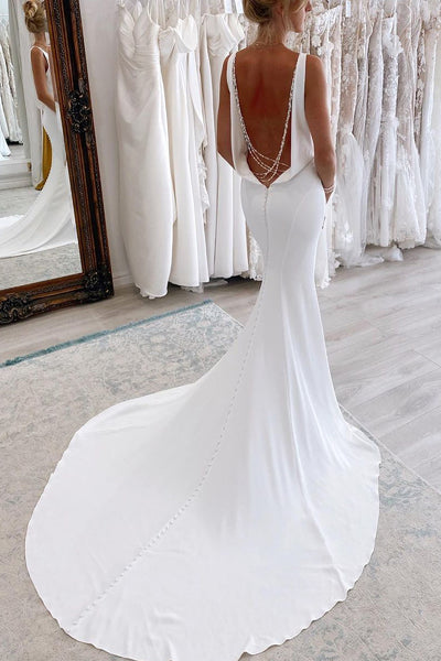 Charming Mermaid V Neck Backless White Soft Satin Wedding Dresses VK23081903