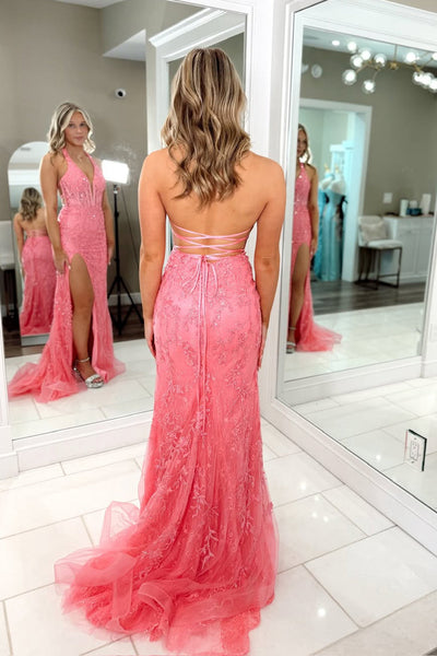 Cute Mermiad V Neck Hot Pink Lace Slit Prom Dress