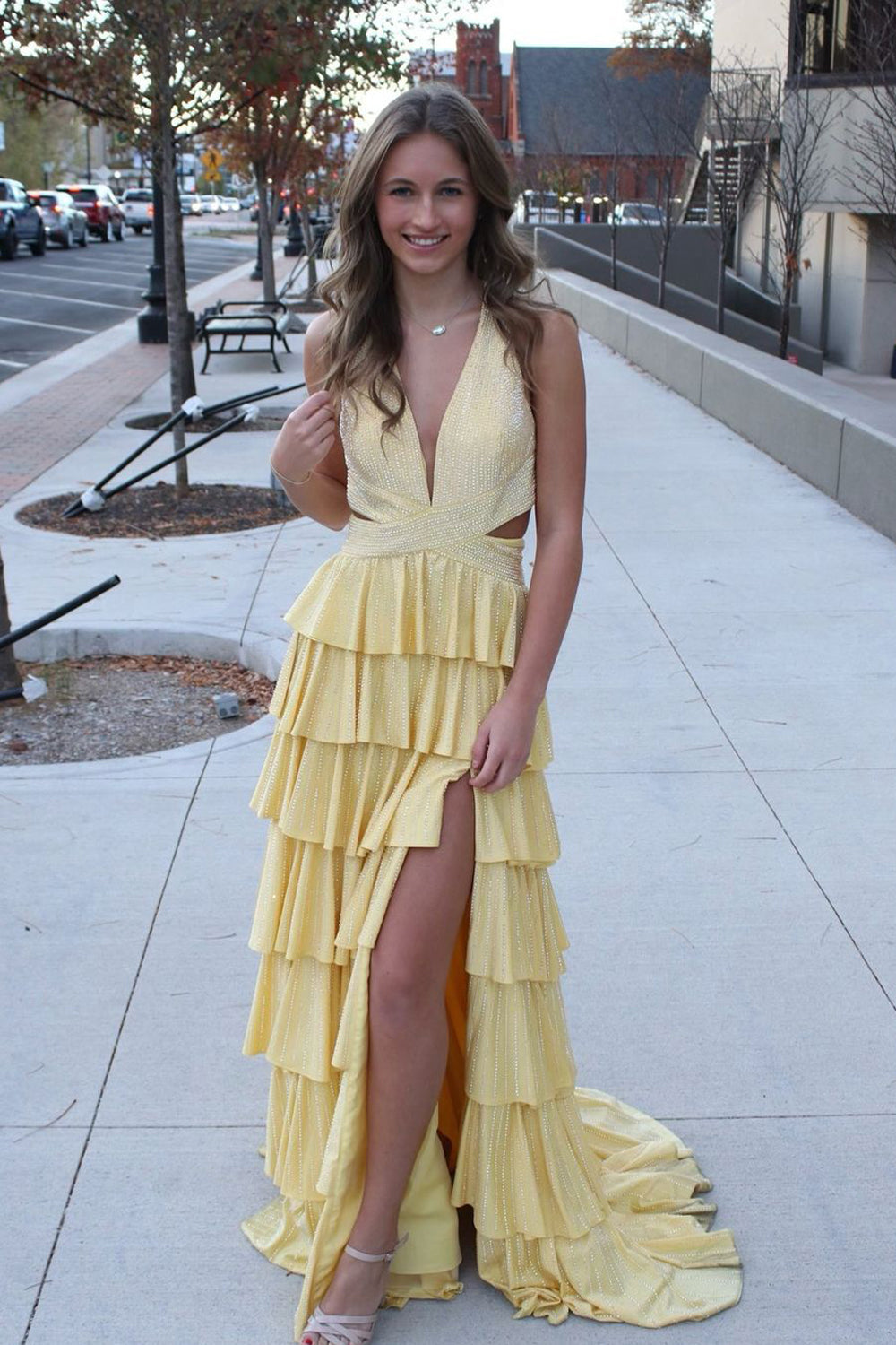 Cute A Line Deep V Neck Yellow Hot Stone Beading Prom Dress with Slit