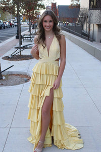 Cute A Line Deep V Neck Yellow Hot Stone Beading Prom Dress with Slit