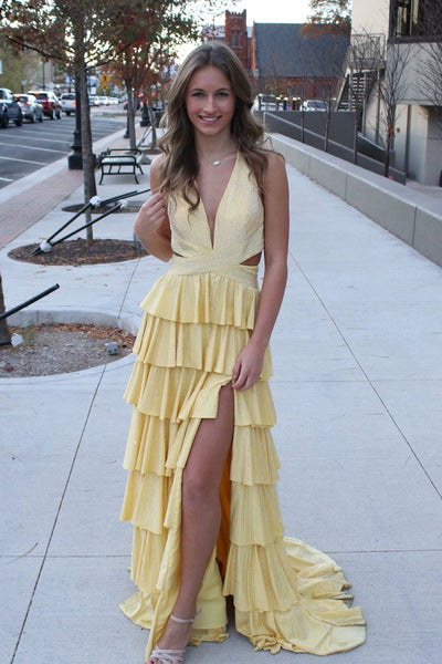 Cute A Line Deep V Neck Yellow Hot Stone Beading Prom Dress with Slit