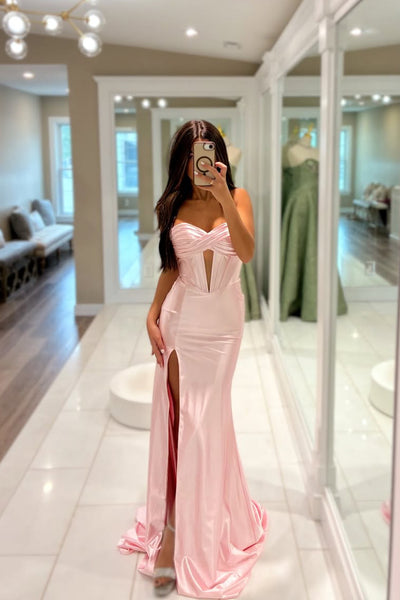 Mermaid Sweetheart Keyhold Pink Satin Long Prom Dress with Slit VK26022303
