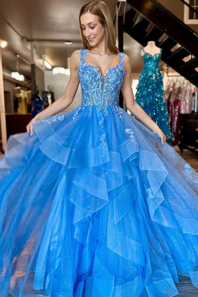 Cute V Neck Blue Sparkly Ruffled Tulle Prom Dress with Lace