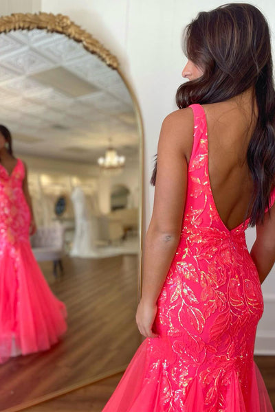 Charming Mermaid Fuchisa V Neck Sequin Lace Long Prom Dresses VK24012002
