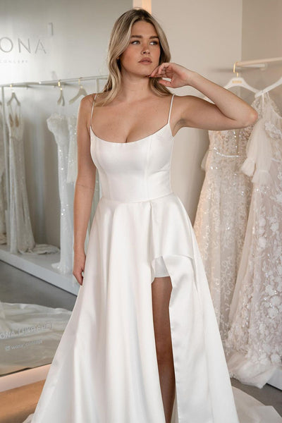 Simple A-Line Scoop Neck Satin Wedding Dresses with Slit VK24022201