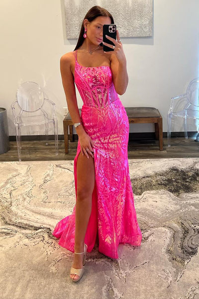 Mermaid One Shoulder Fuchsia Sequins Lace Long Prom Dresses VK24021804