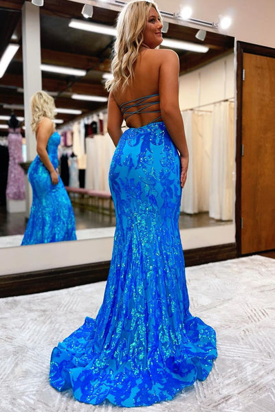 Blue Sequin Lace Sweetheart Mermaid Long Prom Dresses VK23092501