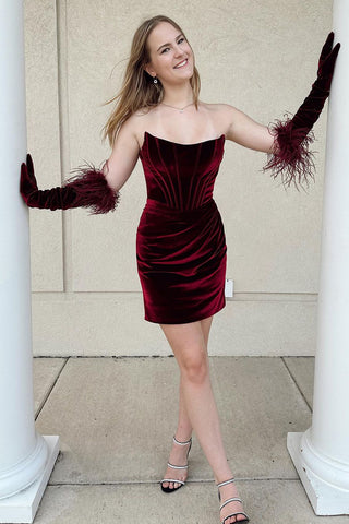 Burgundy Strapless Velvet Short Tight Homecoming Dress VK23090709