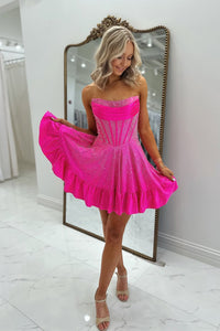 Women’s A Line Scoop Neck Pink Short Homecoming Dress with Hot Stone Beading VK25070307