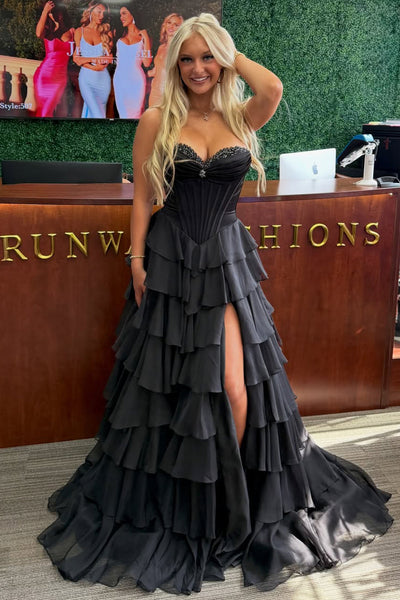 Cute A Line Sweetheart Black Chiffon Tiered Prom Dress with Beading VK16020609