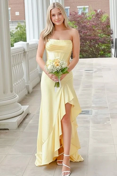 Yellow Strapless Pleats Satin Long Formal Prom Dresses with Slit VK26011705