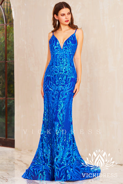 Mermaid V Neck Blue Sequins Lace Long Prom Dress VK23121910