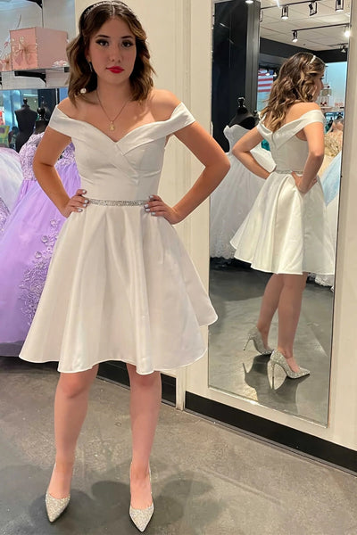 Simple A-Line Off the Shoulder White Satin Short Homecoming Dresses VK23091406