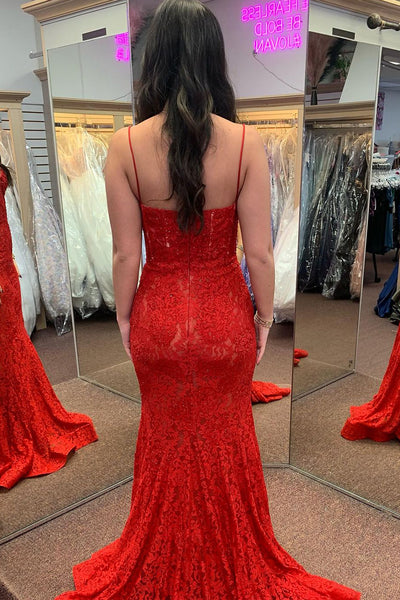 Red Sweetheart Lace Beaded Mermaid Long Prom Dresses VK24022203