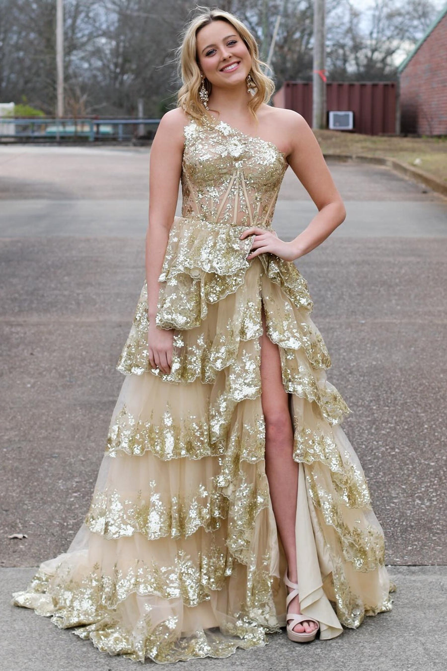 Unique One Shoulder Gold Sequin Tulle Ruffle Tiered Long Prom Dress with Slit VK23122101